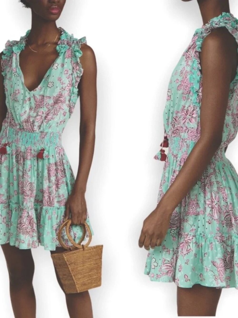 Poupette St Barth NWT Blue Pink Floral Boho Tiered Ruffle V-Neck Triny Dress